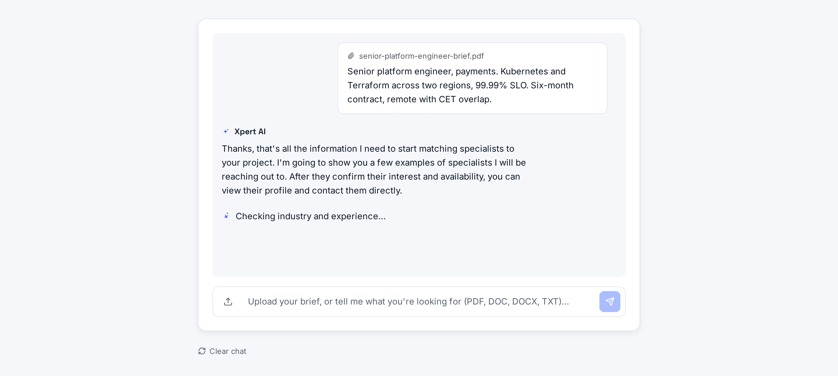 The Xpert AI panel handing off to matching: the assistant explains it is about to show example specialists, with a staged progress message reading “Matching specialists…” beneath it.