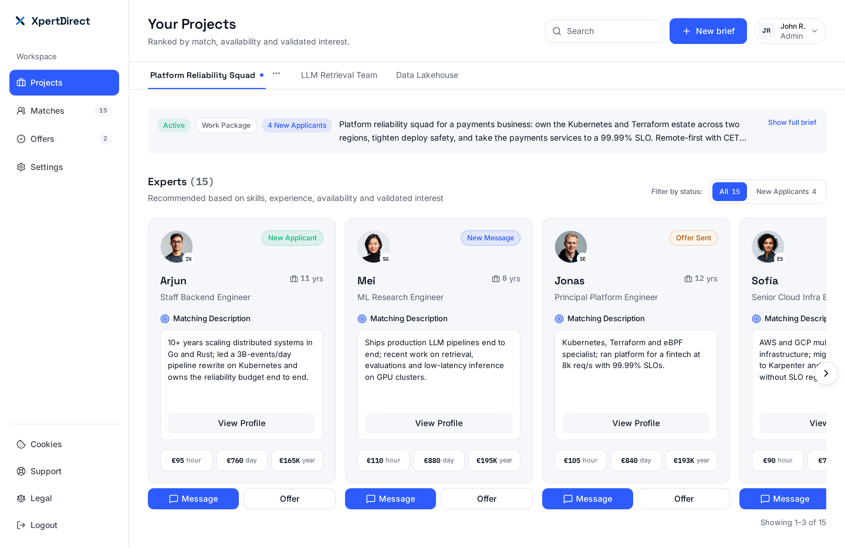 The XpertDirect experts row: a single scrolling row of interest-validated specialist cards with rates and match reasons, each with Message and Offer buttons directly below the card.
