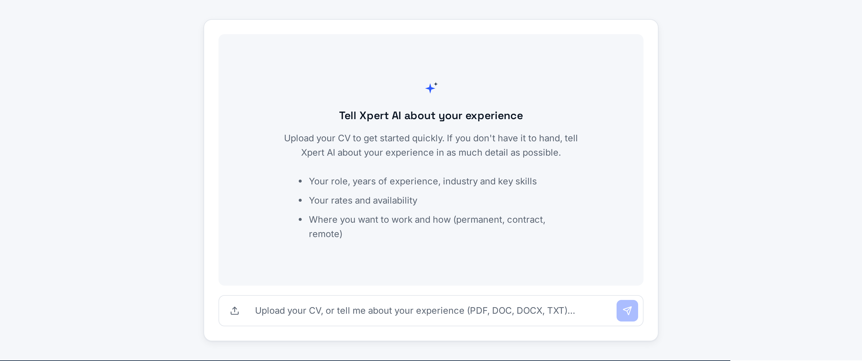 The specialist side of XpertDirect: the Xpert AI panel for building a specialist profile from a CV, with guidance on rates, availability and work preferences.
